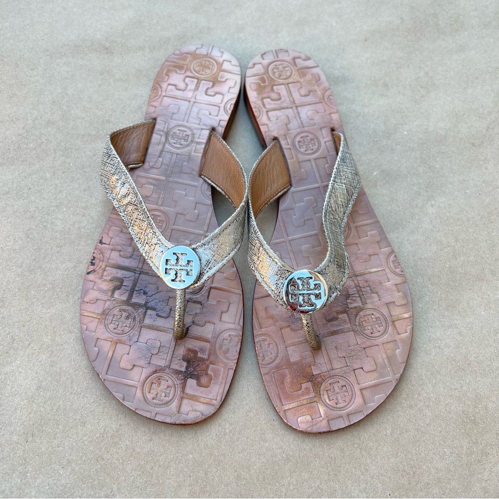 Tory Burch Metallic Silver Logo Flip Flops Thong Sandals Women Size 8